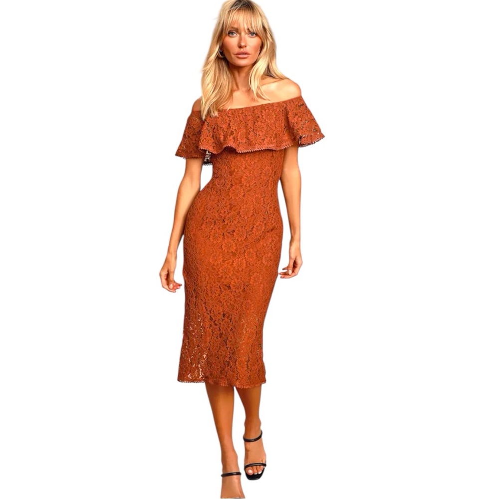 Lulu's Lanie Rust Orange Off-Shoulder Flutter Sleeve Bodycon Midi Dress
